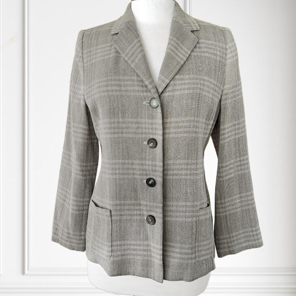 Les Copains Glen Plaid Wool Blazer Size 42 Small Gray Bone